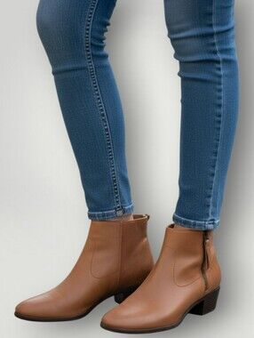 Lucky Brand Blandre Ankle Boots Cognac Leather 11 Side Zip Block Heel Western